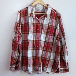 LL Bean Flannel Shirt Women 3X Plus Red Plaid Cotton Button Down Long Sleeve